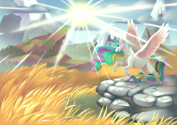 Size: 4096x2896 | Tagged: safe, artist:cutepencilcase, derpibooru import, princess celestia, alicorn, pony, female, grass, mare, rearing, smiling, solo, sun