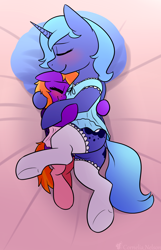 Size: 1248x1943 | Tagged: safe, artist:cornelia_nelson, derpibooru import, princess luna, oc, pony, blushing, butt, canon x oc, clothes, dock, female, filly, foal, hug, mare, plot, sleeping, stockings, tail, thigh highs