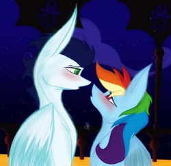 Size: 1320x1278 | Tagged: safe, artist:nightalein, derpibooru import, rainbow dash, soarin', blushing, female, looking at each other, looking at someone, male, shipping, soarindash, straight