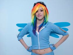 Size: 2828x2121 | Tagged: safe, artist:inhumansandwiches, derpibooru import, rainbow dash, human, 2016, belly button, clothes, cosplay, costume, high res, irl, irl human, multicolored hair, photo, rainbow hair, solo