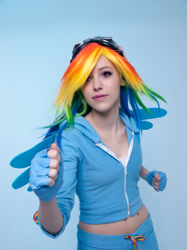 Size: 866x1155 | Tagged: safe, artist:inhumansandwiches, derpibooru import, rainbow dash, human, 2016, clothes, cosplay, costume, fingerless gloves, gloves, irl, irl human, multicolored hair, photo, rainbow hair, solo