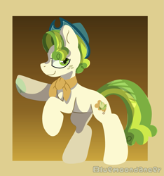 Size: 1533x1638 | Tagged: safe, artist:bluemoon, derpibooru import, pistachio, earth pony, pony, best gift ever, colt, farmer, foal, hat, male, raised hoof, raised leg, solo, stallion