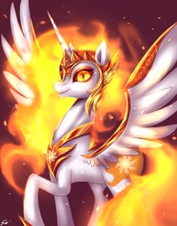 Size: 1386x1769 | Tagged: safe, artist:midna77, derpibooru import, daybreaker, alicorn, pony, armor, colored pupils, female, fire, flowing mane, flowing tail, gem, golden eyes, helmet, hoof shoes, horn, jewelry, long horn, looking at you, majestic, mane of fire, mare, open mouth, peytral, raised hoof, raised leg, redraw, regalia, signature, simple background, smiling, solo, spread wings, tail, tail of fire, teeth, wing armor, wings