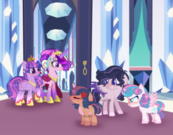 Size: 2771x2164 | Tagged: safe, artist:stormcloud-yt, derpibooru import, princess cadance, princess flurry heart, twilight sparkle, twilight sparkle (alicorn), oc, alicorn, pony, unicorn, angry, base used, clothes, dress, hoof shoes, horn, indoors, looking back, older, older flurry heart, raised hoof, raised leg, sisters-in-law, unicorn oc