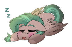 Size: 1644x1080 | Tagged: safe, artist:rokosmith26, derpibooru import, oc, oc only, oc:shelly b smith, pegasus, pony, blushing, cheek fluff, chibi, colored wings, cute, ears, eyes closed, floppy ears, freckles, lying down, open mouth, pegasus oc, prone, simple background, sleeping, solo, spread wings, tail, transparent background, two toned mane, two toned wings, wings