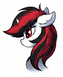 Size: 1600x1943 | Tagged: safe, artist:tatykin, derpibooru import, oc, oc only, oc:blackjack, pony, unicorn, fallout equestria, fallout equestria: project horizons, bust, ear fluff, ears, ears back, fanfic art, female, horn, mare, portrait, profile, simple background, solo, two toned mane, unicorn oc, white background