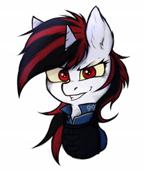 Size: 1600x1914 | Tagged: safe, artist:tatykin, derpibooru import, oc, oc:blackjack, pony, unicorn, fallout equestria, fallout equestria: project horizons, bust, fanfic art, female, horn, looking at you, mare, portrait, shooty look, simple background, solo, unicorn oc, white background