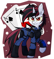Size: 1600x1750 | Tagged: safe, artist:tatykin, derpibooru import, oc, oc:blackjack, pony, unicorn, fallout equestria, fallout equestria: project horizons, armor, clothes, fanfic art, female, horn, looking at you, mare, solo, unicorn oc