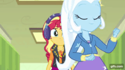 Size: 640x360 | Tagged: safe, derpibooru import, screencap, sunset shimmer, trixie, equestria girls, equestria girls series, overpowered (equestria girls), animated, clothes, cutie mark on clothes, duo, duo female, eyes closed, female, geode of empathy, gif, gifs.com, hairpin, hallway, headphones, hoodie, jacket, jewelry, leather, leather jacket, lockers, magical geodes, necklace, open mouth, smiling