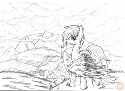 Size: 900x655 | Tagged: safe, artist:valkyrieskies, derpibooru import, scootaloo, pegasus, pony, cloud, female, flightless, frown, hair over one eye, large wings, looking offscreen, mountain, no color, older, older scootaloo, rain, sad, scootalone, scootaloo can't fly, scootasad, solo, standing, traditional art, wings