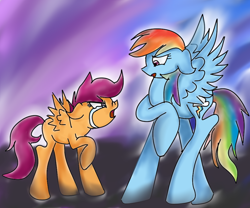 Size: 1000x830 | Tagged: safe, artist:youlooklikefood, derpibooru import, rainbow dash, scootaloo, pegasus, pony, angry, argument, crying, duo, ears, female, filly, floppy ears, foal, hair over one eye, looking at each other, looking at someone, open mouth, raised hoof, raised leg, scootaloo can't fly, scootamad, spread wings, story included, tears of anger, wings, yelling