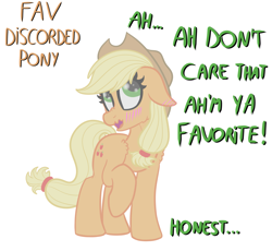 Size: 2797x2572 | Tagged: safe, artist:justapone, derpibooru import, applejack, earth pony, pony, applejack's hat, blushing, clothes, colored, cowboy hat, dialogue, digital art, discorded, ear blush, ears, februpony, female, floppy ears, hat, liar, liarjack, looking up, lying, open mouth, raised leg, shoulder fluff, smiling, solo, wavy mouth