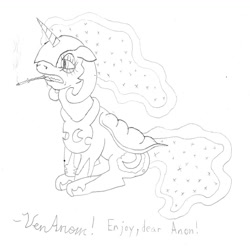 Size: 1111x1094 | Tagged: safe, artist:venanon, nightmare moon, alicorn, armor, cigarette, depressed, ethereal mane, monochrome, smoking, solo