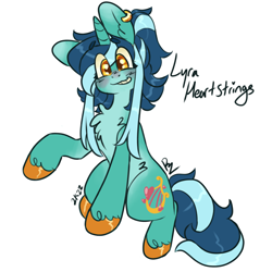 Size: 2000x2000 | Tagged: safe, artist:alicornfluttershy, derpibooru import, lyra heartstrings, pony, unicorn, g4, alternate design, bangs, blue coat, blushing, colored hooves, ear piercing, earring, gold hooves, golden eyes, hooves, implied lesbian, implied lyrabon, implied shipping, jewelry, multicolored hair, piercing, redesign, ring, simple background, sitting, smiling, solo, stylized, unshorn fetlocks, wedding ring, white background