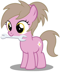 Size: 2670x3180 | Tagged: safe, artist:strategypony, derpibooru import, oc, oc only, oc:reppy, earth pony, pony, cute, earth pony oc, female, filly, foal, mouth hold, ponytail, simple background, transparent background, wrench