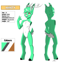 Size: 3000x3057 | Tagged: safe, artist:melodytheartpony, derpibooru import, oc, anthro, deer, antlers, back freckles, butt, butt freckles, chest fluff, coat markings, commission, deer oc, fluffy, freckles, male, reference sheet, signature, simple background, white background