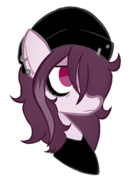 Size: 502x659 | Tagged: safe, artist:alandisc, derpibooru import, oc, oc only, oc:zak, pony, beanie, black shirt, bust, clothes, ear piercing, emo, eyeliner, hair over one eye, hat, makeup, male, piercing, simple background, solo, trap, white background