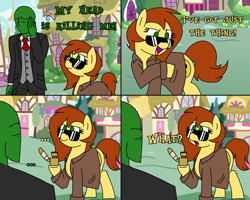 Size: 5000x4000 | Tagged: safe, artist:legendoflink, derpibooru import, oc, oc only, oc:anon, oc:postal mare, earth pony, human, pony, 4 panel comic, absurd resolution, angry, clothes, comic, crack, crack pipe, dialogue, drugs, drugs are bad mmmkay?, duo, earth pony oc, female, human oc, male, mare, outdoors, pipe, ponyville, postal, postal 2, postal dude, smiling, suit, sunglasses, text, trenchcoat