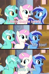 Size: 4096x6144 | Tagged: safe, derpibooru import, screencap, lyra heartstrings, minuette, twinkleshine, pony, unicorn, a canterlot wedding, season 2, eyes closed, female, meme, quote, smiling