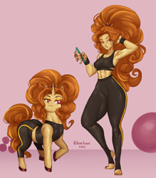 Size: 1540x1754 | Tagged: safe, artist:nire, derpibooru import, adagio dazzle, pony, unicorn, equestria girls, abs, adagio dat-azzle, arm behind head, armpits, charm, clothes, curvy, dumbbell (object), eyeshadow, feet, female, fit, gym, hairband, hoof polish, human ponidox, looking away, looking sideways, makeup, mare, midriff, nail polish, pants, phone, self paradox, self ponidox, simple background, sports bra, sweat, toenail polish, wide hips, wristband, yoga ball, yoga pants