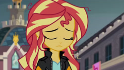 Size: 3410x1920 | Tagged: safe, derpibooru import, screencap, sunset shimmer, equestria girls, friendship games, canterlot high, clothes, eyes closed, female, high res, jacket, leather, leather jacket, solo