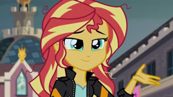 Size: 3410x1920 | Tagged: safe, derpibooru import, screencap, sunset shimmer, equestria girls, friendship games, canterlot high, clothes, female, high res, jacket, leather, leather jacket, smiling, solo