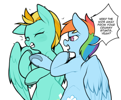 Size: 3600x3000 | Tagged: safe, artist:sugarelement, derpibooru import, lightning dust, rainbow dash, pegasus, pony, bipedal, dialogue, duo, emanata, eyes closed, female, fight, gritted teeth, mare, meme, open mouth, punch, slap, speech bubble, underhoof, will smith slapping chris rock