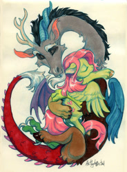 Size: 942x1280 | Tagged: safe, artist:bazted, derpibooru import, discord, fluttershy, draconequus, pegasus, discoshy, drawing, female, hug, male, shipping, signature, straight, traditional art