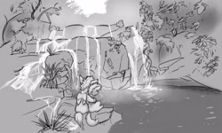Size: 5000x3000 | Tagged: safe, artist:captainhoers, derpibooru import, oc, oc only, pegasus, pony, duo, facing away, grayscale, hug, monochrome, oasis, water, waterfall