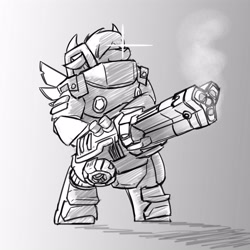 Size: 4000x4000 | Tagged: safe, artist:captainhoers, derpibooru import, oc, oc only, anthro, unguligrade anthro, yak, armor, deep rock galactic, glowing, glowing eyes, grayscale, gun, minigun, monochrome, solo, weapon, yak oc