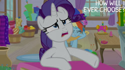 Size: 1280x720 | Tagged: safe, derpibooru import, edit, edited screencap, editor:quoterific, screencap, rainbow dash, rarity, pegasus, pony, unicorn, dragon dropped, season 9, spoiler:s09, eyes closed, female, mare, open mouth, solo focus, text, wing hands, wings