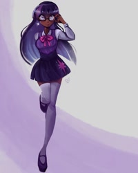 Size: 1080x1350 | Tagged: safe, artist:strawbunnyarts, derpibooru import, twilight sparkle, human, g4, best pony, bowtie, clothes, cute, dark skin, female, full body, glasses, humanized, looking up, mary janes, purple eyes, shoes, simple background, skirt, smiling, socks, solo, sparkles, sweater vest, thigh highs, twiabetes