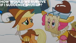 Size: 1280x720 | Tagged: safe, derpibooru import, edit, edited screencap, editor:quoterific, screencap, applejack, chancellor puddinghead, pinkie pie, smart cookie, earth pony, pony, hearth's warming eve (episode), season 2, duo, female, mare, snow, text