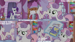 Size: 1280x720 | Tagged: safe, derpibooru import, edit, edited screencap, editor:quoterific, screencap, rarity, sweetie belle, pony, unicorn, ponyville confidential, season 2, book, carousel boutique, duo, female, filly, foal, magic, mannequin, mare, open mouth, telekinesis, text