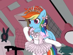 Size: 3200x2400 | Tagged: safe, artist:avchonline, derpibooru import, rainbow dash, pegasus, pony, semi-anthro, alice in wonderland, ballerina, clothes, crossover, cute, dashabetes, dress, female, food, jewelry, mare, multicolored hair, panties, pink panties, rainbowrina, tiara, uh oh, underwear