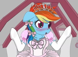 Size: 2000x1468 | Tagged: safe, artist:avchonline, derpibooru import, rainbow dash, pegasus, pony, semi-anthro, alice in wonderland, ballerina, blushing, breasts, clothes, crossover, cute, dashabetes, dress, ears, female, floppy ears, food, jewelry, mare, multicolored hair, panties, pink panties, rainbowrina, tiara, tomboy taming, underwear