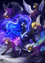 Size: 3508x4961 | Tagged: safe, artist:lupiarts, derpibooru import, fleetfoot, nightmare moon, princess flurry heart, princess luna, soarin', surprise, thunderlane, alicorn, pegasus, pony, alternate universe, armor, clothes, costume, dark, digital art, drawing, empress, epic, evil, evil grin, feather, female, flying, galaxy, goggles, grin, group, illustration, male, moon, night, shadowbolts, shadowbolts (nightmare moon's minions), shadowbolts costume, smiling, spread wings, teenage flurry heart, teenager, wings