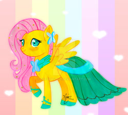 Size: 900x810 | Tagged: safe, artist:fofurastro, derpibooru import, fluttershy, pegasus, pony, blushing, clothes, cute, deviantart watermark, dress, gala dress, heart, obtrusive watermark, rainbow background, redraw, shyabetes, solo, traditional art, watermark