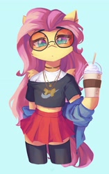 Size: 2576x4096 | Tagged: safe, artist:saxopi, derpibooru import, fluttershy, pegasus, semi-anthro, belly, belly button, blue background, cheek fluff, clothes, colored pupils, drinking straw, eyebrows, eyebrows visible through hair, eyelashes, female, glasses, high res, jewelry, leggings, looking at you, milkshake, nike, pendant, plastic cup, product placement, round glasses, simple background, skirt, solo, standing, wing fluff, wings