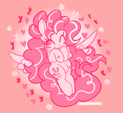 Size: 1010x928 | Tagged: safe, artist:computershits, derpibooru import, pinkie pie, butterfly, pegasus, ^^, belly button, eyes closed, female, flower, fluffy mane, flying, happy, heart, hoof heart, pegasus pinkie pie, poofy mane, race swap, solo, spread wings, watermark, wings