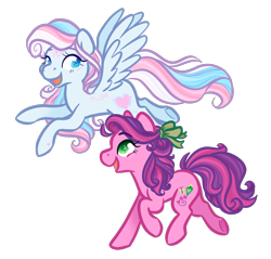 Size: 1905x1821 | Tagged: safe, artist:howdyhorsey, derpibooru import, skywishes, star catcher, earth pony, pegasus, pony, g3, blue hair, bow, curly hair, duo, duo female, female, flying, hair bow, happy, lesbian, long mane, looking at each other, looking at someone, mare, multicolored hair, multicolored mane, pink coat, pink hair, purple hair, running, simple background, smiling, stylized, transparent background, white coat, white hair