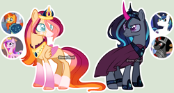 Size: 1896x1016 | Tagged: safe, artist:stormcloud-yt, derpibooru import, king sombra, princess cadance, shining armor, sunburst, oc, pegasus, pony, unicorn, base used, cloak, clothes, colored wings, female, horn, looking back, magical gay spawn, male, mare, offspring, parent:king sombra, parent:princess cadance, parent:shining armor, parent:sunburst, pegasus oc, peytral, screencap reference, simple background, stallion, two toned wings, unicorn oc, wings