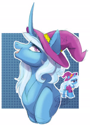 Size: 1375x1924 | Tagged: safe, artist:stormcloud-yt, derpibooru import, trixie, pony, unicorn, abstract background, bust, curved horn, duo, female, hat, horn, looking at you, mare, smiling, solo, witch hat