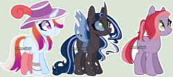 Size: 4789x2137 | Tagged: safe, artist:stormcloud-yt, derpibooru import, oc, oc only, changeling, changeling queen, earth pony, pony, unicorn, base used, blue changeling, changeling queen oc, earth pony oc, female, hat, horn, mare, simple background, sun hat, unicorn oc