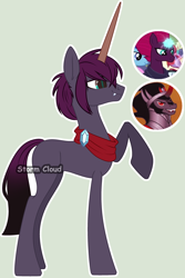 Size: 2662x3992 | Tagged: safe, artist:stormcloud-yt, derpibooru import, king sombra, tempest shadow, oc, pony, unicorn, base used, female, glowing, glowing horn, horn, male, mare, parent:king sombra, parent:tempest shadow, screencap reference, simple background, stallion, unicorn oc