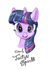 Size: 2481x3508 | Tagged: safe, artist:memprices, derpibooru import, twilight sparkle, twilight sparkle (alicorn), alicorn, pony, bust, ear fluff, ears, ears up, female, front view, high res, horn, looking at you, mare, open mouth, open smile, pencil, portrait, signature, simple background, smiling, solo, white background