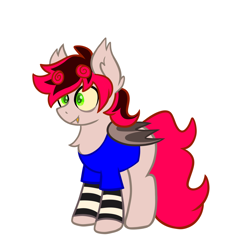 Size: 1280x1280 | Tagged: safe, artist:mxmx fw, derpibooru import, oc, oc only, oc:ferwo, bat pony, pony, child, clothes, ear fluff, ears, foal, green eyes, red hair, simple background, solo, white background