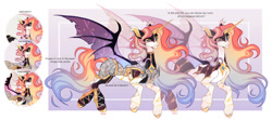 Size: 1024x456 | Tagged: safe, artist:miioko, derpibooru import, oc, oc only, alicorn, bat pony, bat pony alicorn, pony, bat pony oc, bat wings, bust, deviantart watermark, female, horn, mare, obtrusive watermark, reference sheet, watermark, wings