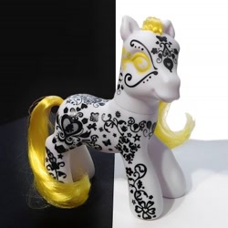 Size: 384x384 | Tagged: safe, derpibooru import, earth pony, pony, g3, art pony, body markings, coat markings, facial markings, filigree, flower, golden eyes, merchandise, no pupils, pattern, photo, solo, sunny grace, toy, white coat, yellow mane