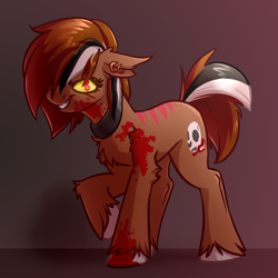 Size: 4000x4000 | Tagged: safe, artist:witchtaunter, derpibooru import, oc, oc only, earth pony, pony, absurd resolution, blood, chest fluff, commission, ear fluff, ear piercing, earring, ears, earth pony oc, edgy, female, glowing, glowing eyes, gradient background, grin, hair over one eye, jewelry, necklace, oc name needed, piercing, raised hoof, raised leg, red eyes, shoulder fluff, smiling, solo, stripes